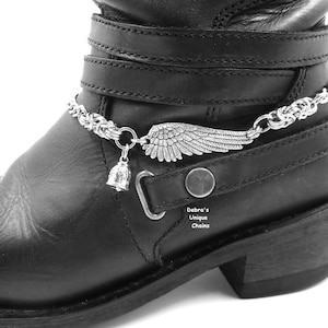 Bracelet de botte « Aile d'ange » avec clochette, bijou de motard, cadeau pour motard, accessoire de moto unisexe, voyage, Debra's Unique Chains