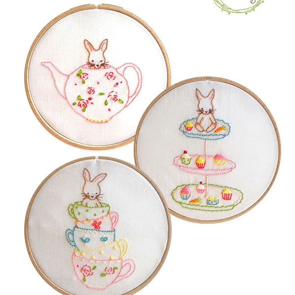 Friends for Tea Collection - Hand Embroidery Bunny Pattern - 3 for price of 2