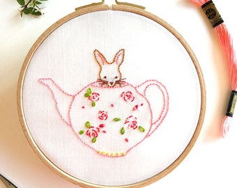 Bunny and Her Teapot - Hand Embroidery PDF Pattern