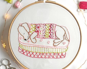 Puppy's Lazy Day - Beginner Hand Embroidery Pattern PDF - Dog Embroidery Design