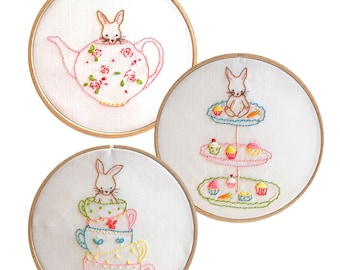 Friends for Tea Collection - Hand Embroidery Bunny Pattern - 3 for price of 2