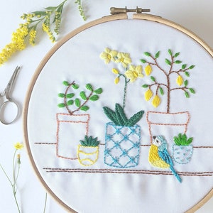 Lemon Tree Hand Embroidery Pattern: House Plant and bird PDF (Digital Download)