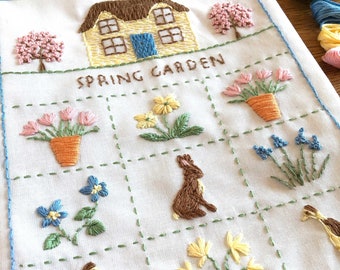 Spring Cottage Garden Embroidery Sampler Kit - Rabbit Embroidery Pattern