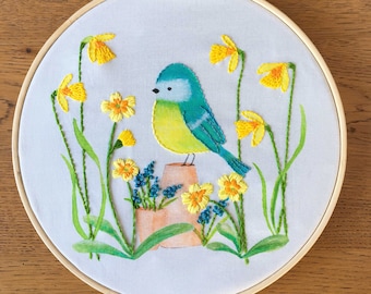 Embroidery Kit - Spring Garden Bird  - Garden Friend Collection - Spring Blue Tit Pattern for beginners