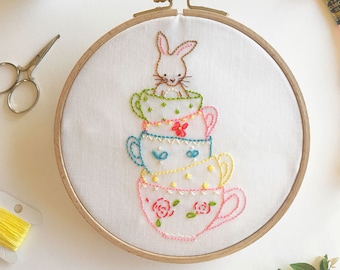 Bunny and Her Teacups Hand Embroidery PDF Pattern - Instant Download