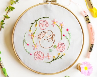 Bunny Embroidery Pattern – Wildflower Meadow Spring Rabbit (PDF Download)