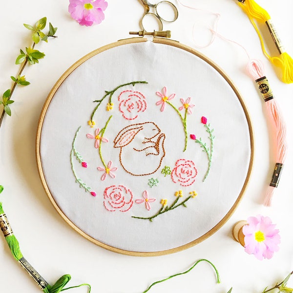 Bunny Embroidery Pattern – Wildflower Meadow Spring Rabbit (PDF Download)