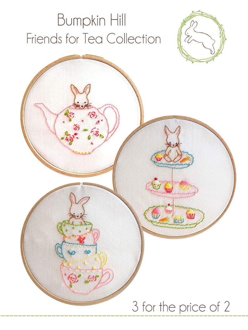 Friends for Tea Collection Hand Embroidery Bunny Pattern 3 for price of 2 image 1