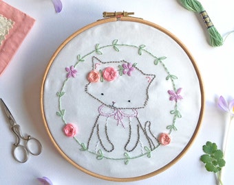 Little Miss Kitten - Embroidery Pattern - Digital PDF Pattern - Cat Floral Embroidery