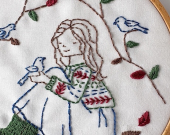 Bird Whisperer pdf hand embroidery pattern with girl