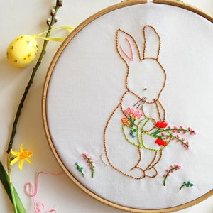 Bunny Embroidery Pattern, Over the Garden Gate, Rabbit Floral Embroidery Design PDF DIY Pattern image 4