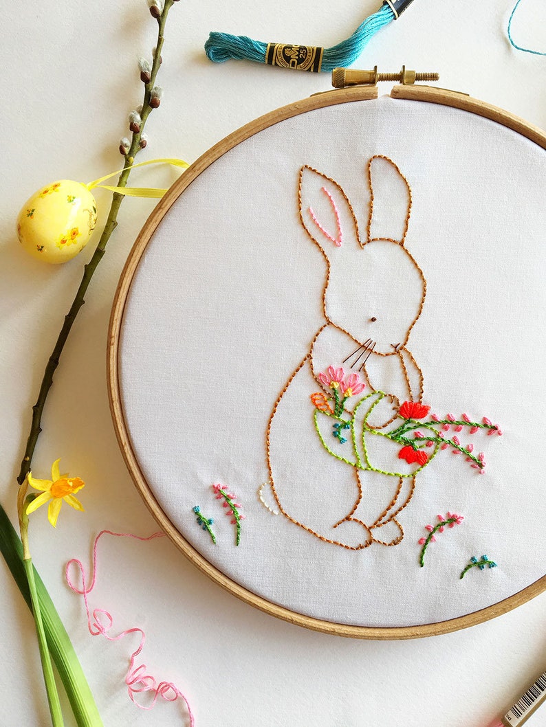 Bunny Embroidery Pattern, Over the Garden Gate, Rabbit Floral Embroidery Design PDF DIY Pattern image 4