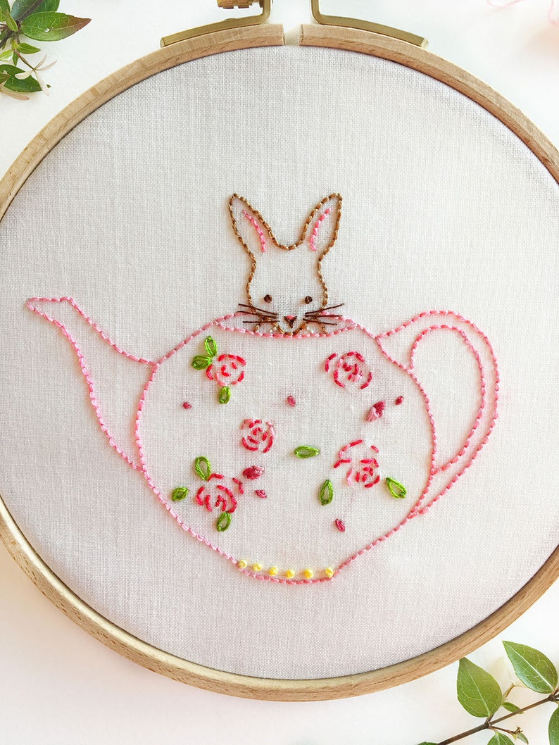 Bunny and Her Teapot Hand Embroidery PDF Pattern Etsy México