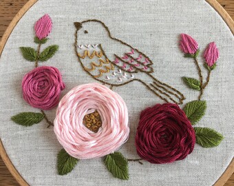 PDF Embroidery Pattern - Bird in her Rose Garden - Floral Embroidery Pattern