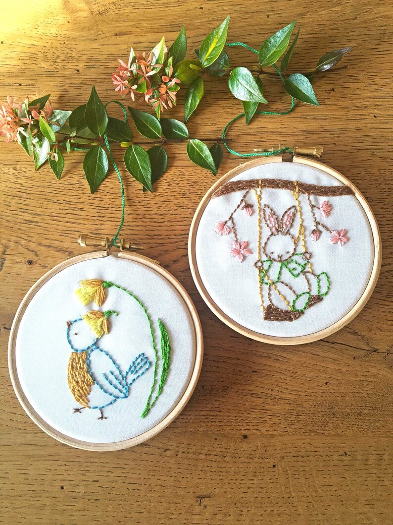 Spring Embroidery Kits Spring Delight Collection Bunny Embroidery Kit and Bird Embroidery Kit image 1
