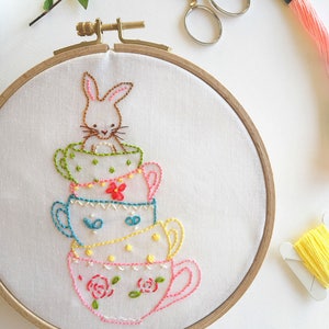 Friends for Tea Collection Hand Embroidery Bunny Pattern 3 for price of 2 image 7
