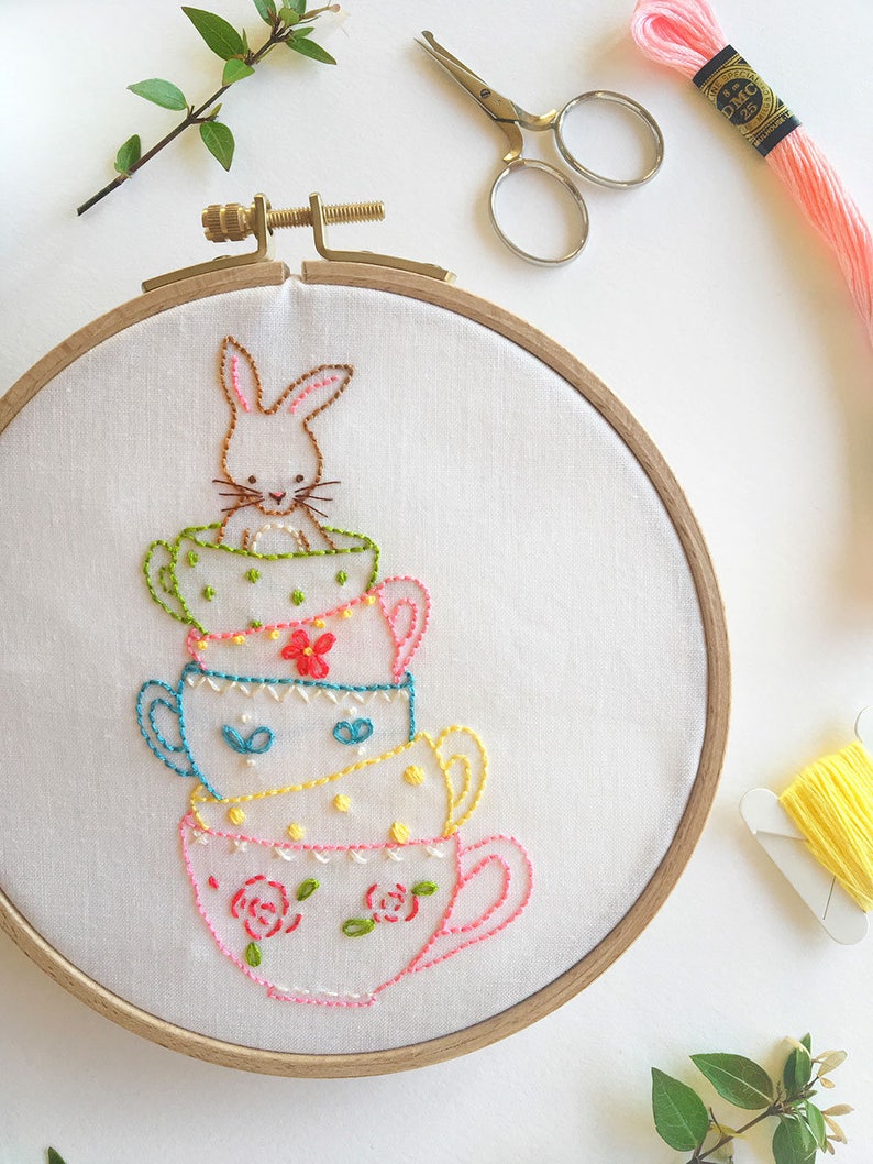 Friends for Tea Collection Hand Embroidery Bunny Pattern 3 for price of 2 image 7