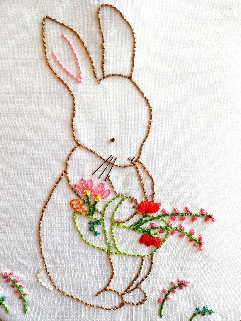 Bunny Embroidery Pattern, Over the Garden Gate, Rabbit Floral Embroidery Design PDF DIY Pattern image 2