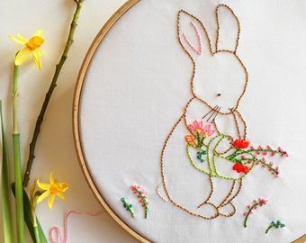 Bunny Embroidery Pattern, Over the Garden Gate,  Rabbit Floral Embroidery Design PDF DIY Pattern