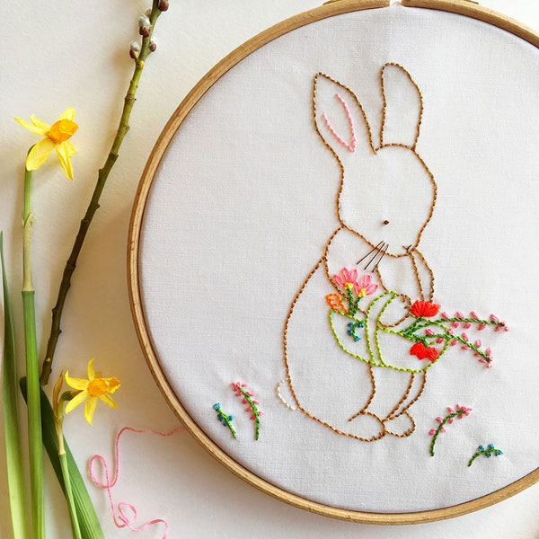 Bunny Embroidery Pattern, Over the Garden Gate,  Rabbit Floral Embroidery Design PDF DIY Pattern