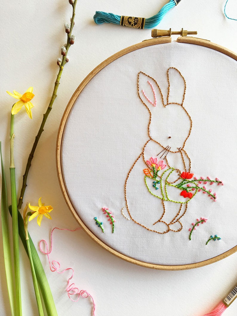 Bunny Embroidery Pattern, Over the Garden Gate, Rabbit Floral Embroidery Design PDF DIY Pattern image 1