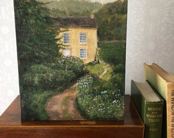Peinture d'art originale - Le manoir secret - peinture maison cottagecore anglais