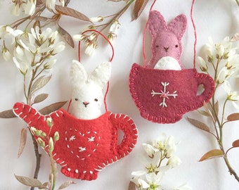 Easter Bunny Felt Ornament Patterns - Tea Cup & Tea Pot Bunny Rabbit PDF Digital Patterns - Friends for Tea Bunny Patterns