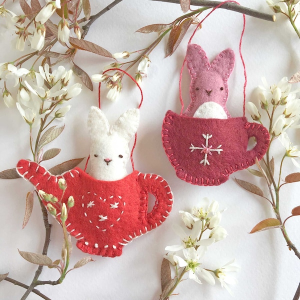 Easter Bunny Felt Ornament Patterns - Tea Cup & Tea Pot Bunny Rabbit PDF Digital Patterns - Friends for Tea Bunny Patterns