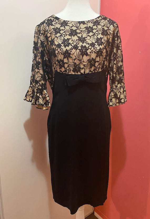 1960s Black Cream Lace Bow Evening Dress - image 1