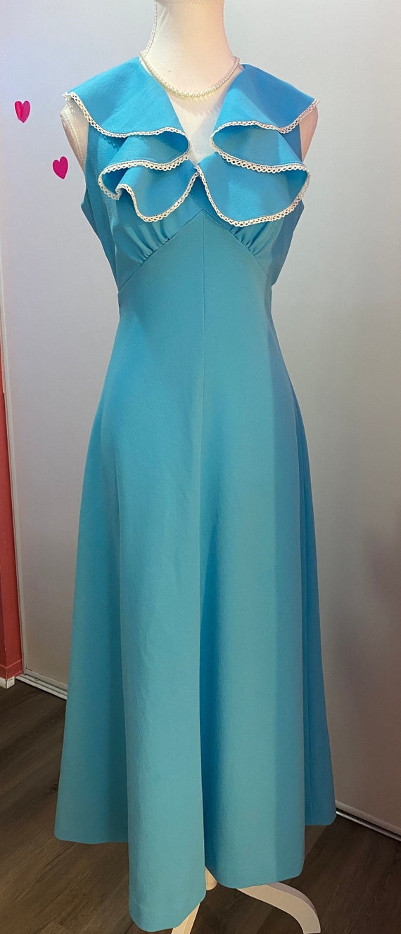 1970s Sky Blue Ruffled Empire Maxi Evening Dress - image 1