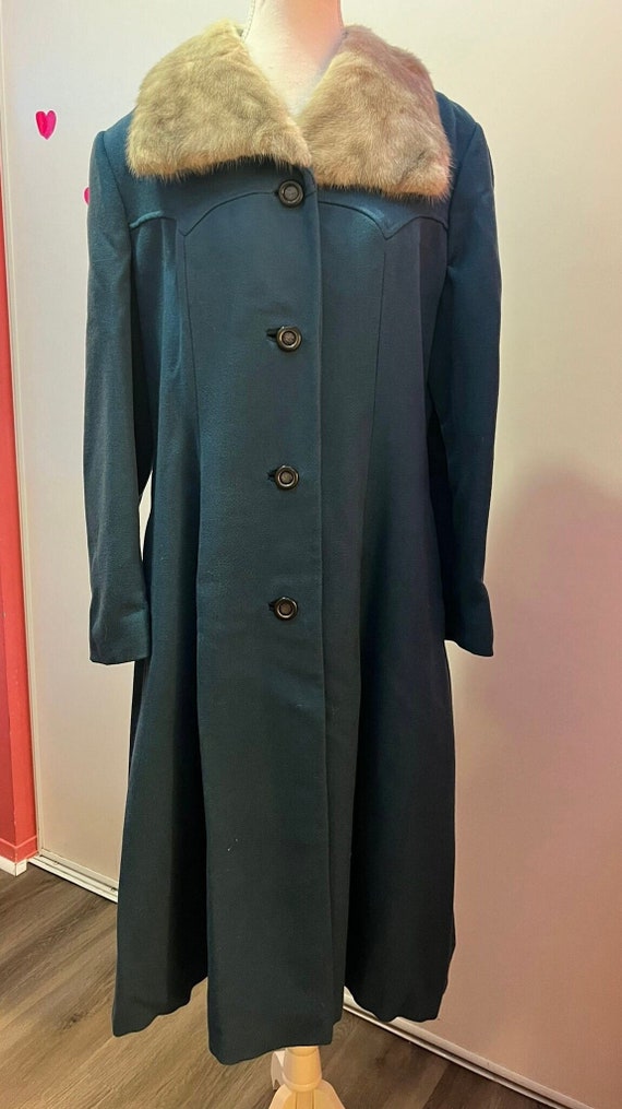 1960s 1970s Teal Fur Collar Princess Coat