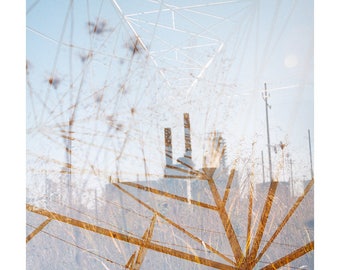 oil field (sacred ground): surreal photography. nature photography. multiple exposure photo. fine art photography. industrial decor sky blue