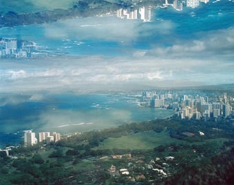 city in the sky: surreal photography. clouds photography. waikiki honolulu skyline photo. hawaii oahu landscape art. multiple exposure photo
