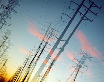 here, the early morning sky: power line photo. colorful sunrise sky photograph. industrial decor. fine art print. multiple exposure photo.