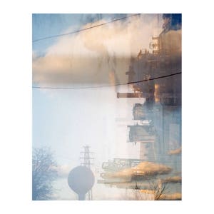that time we crossed the bridge: pittsburgh art. surreal photography. industrial decor. clouds photo. sky blue wall art. multiple exposure.