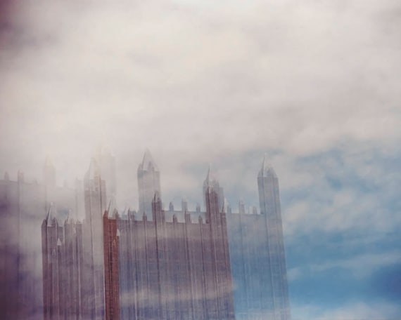 glass sky: pittsburgh art. surreal photography. architectural photo. sky clouds photography. multiple exposure photo. pittsburgh skyline art