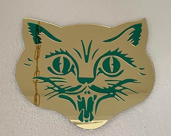 Green Eyed Cat Mirror | Gold Green Tattoo Inspired Statement Piece Acrylic Wall Decor | Colorful Mirror Art – Handmade Gift