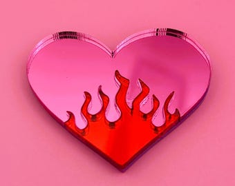 Heart and Flame Acrylic Mirror: Funky Pop Art Wall Decor, Handmade