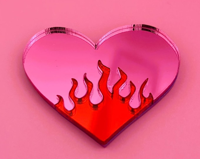 Heart and Flame Acrylic Mirror: Funky Pop Art Wall Decor, Handmade