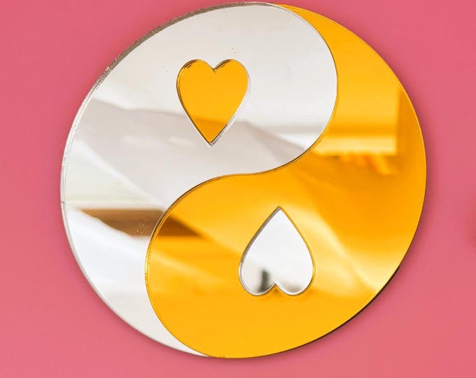 Yin Yang Heart Mirror: Pink & Silver Acrylic Pop Art Wall Decor
