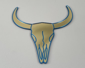 Longhorn Mirrors Gold and Light Blue | Tattoo Inspired Mirror Acrylic Wall Decor | Colorful Mirror Art – Handmade Gift