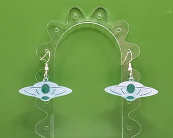 Handmade UFO Earrings | Teal Transparent Acrylic | Alien Unique Jewelry | Statement Dangle Halloween Earrings