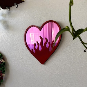 Burning Love Mirror- Heart Flame Acrylic Mirror, Funky Pop Art Wall Decor, Handmade