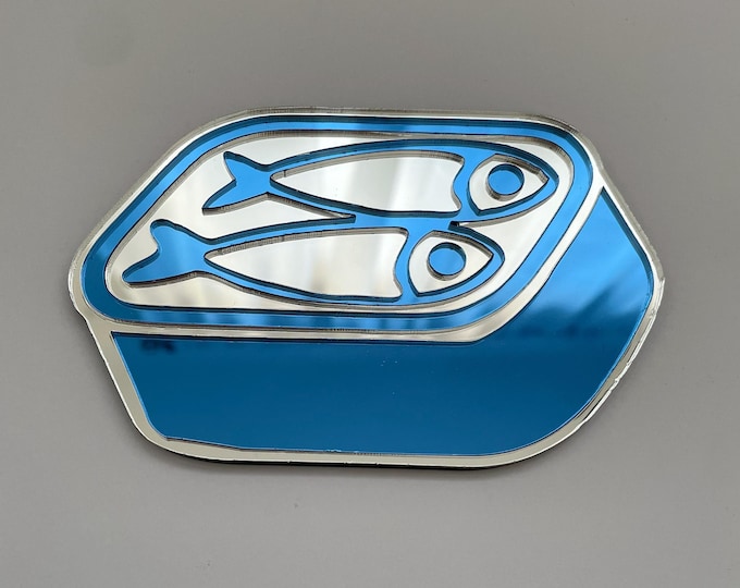 Sardine Can Mirror, Blue & Silver Acrylic Fish Tuna Wall Hanging