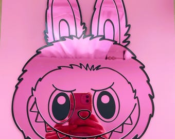 Labubu Black Pink Acrylic Mirror: Pop Mart Art Wall Decor, Handmade Funky Statement Piece