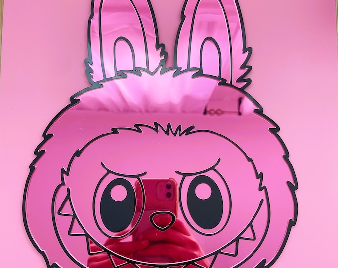 Labubu Black Pink Acrylic Mirror: Pop Mart Art Wall Decor, Handmade Funky Statement Piece
