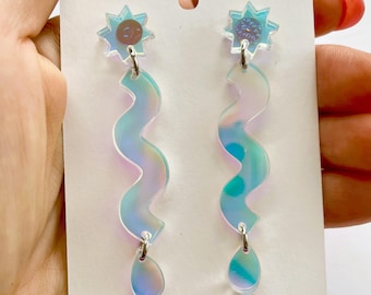 Rainbow Iridescent Mirror Dangle Earrings, Shiny Abstract Shape