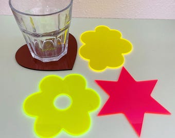 Neon Fluorescent Retro Coasters – Funky Heart, Star, Cloud, Flower Shapes – Colorful Drinkware Bar Decor