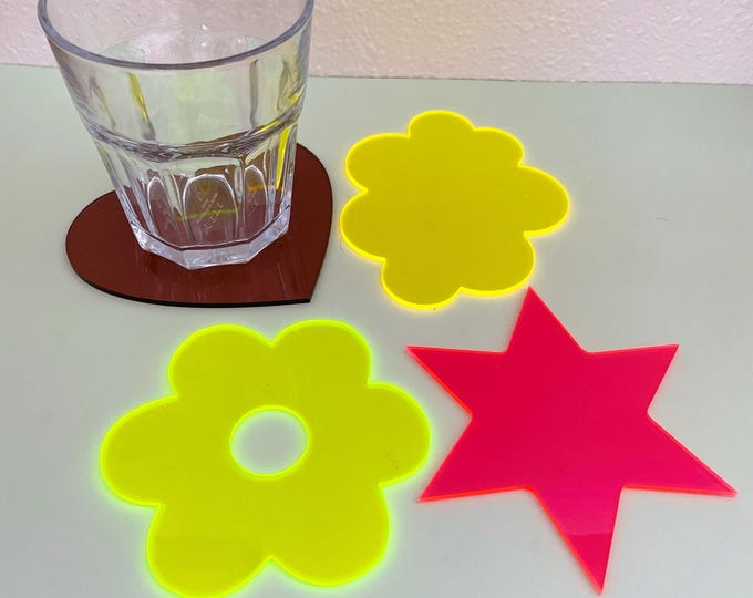 Neon Fluorescent Retro Coasters – Funky Heart, Star, Cloud, Flower Shapes – Colorful Drinkware Bar Decor