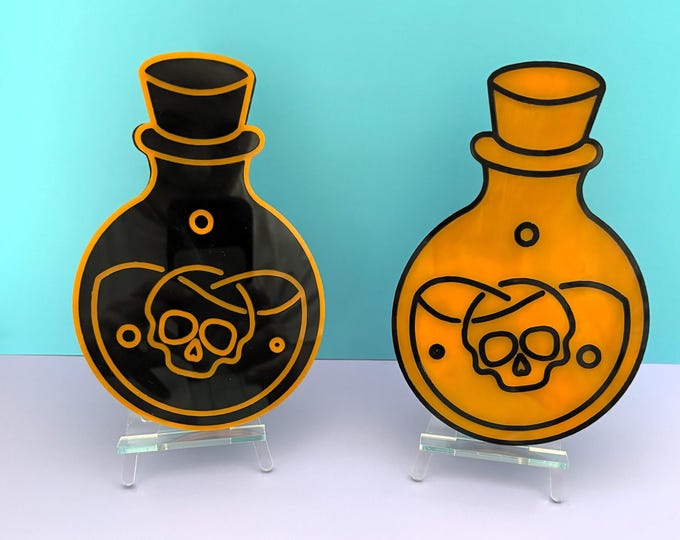 Poison Bottle Acrylic Wall Art with Skull | Spooky Halloween Decor | Orange, Black, Pink & Blue Color Options | Creepy Gothic Home Art